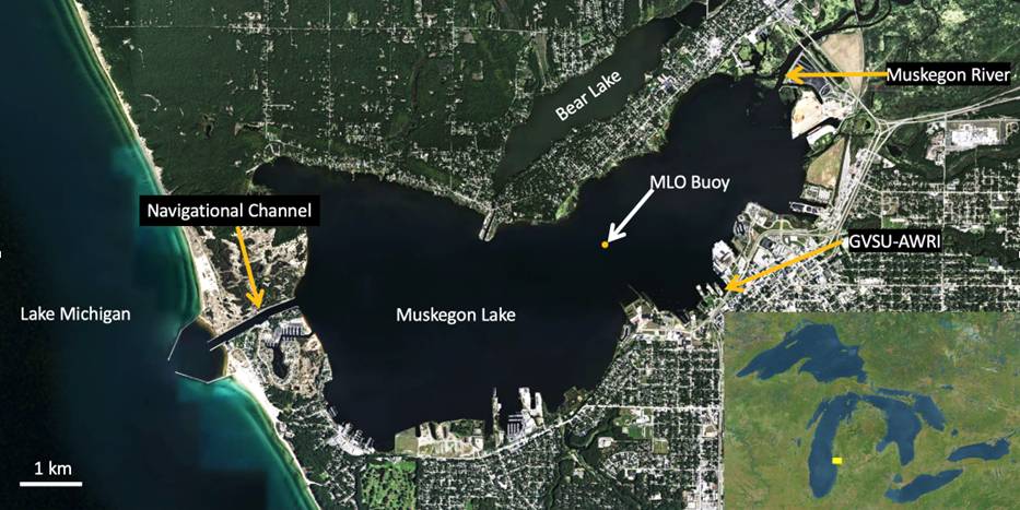 Bird&#8217;s eye view of Muskegon Lake and the location of the Muskegon Lake Observatory buoy